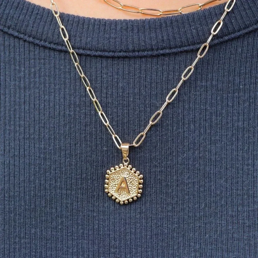 ▶ 2 LAYER GOLD LETTER INITIAL COIN HEXAGONAL PENDANT  DAINTY NECKLACE, ELDM22335_6